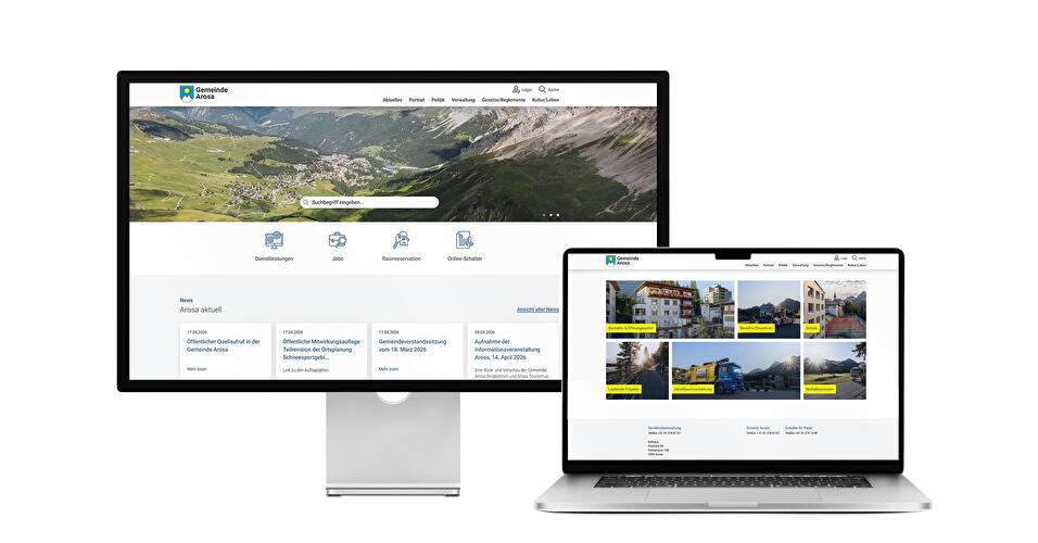 Desktop- und Tablet-Ansicht Webauftritt Gemeinde Arosa