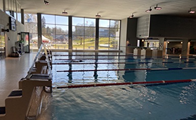 Das Hallenbad Kloten mit der grossen Fensterfront, welche aufs Freibad schaut.